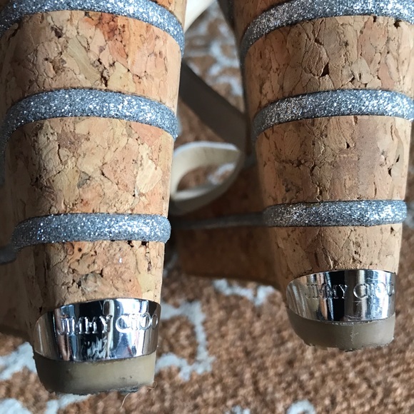 Jimmy Choo Optic White Vachetta Leather Portia 120 Silver Cork 10/EU 40 - Picture 5 of 14